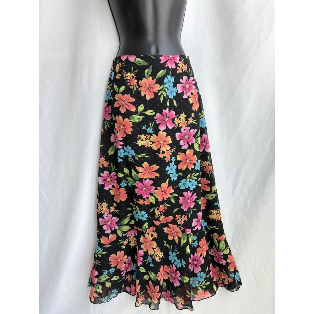 Vintage White Stag Reversible Two Side Maxi Chiffon Skirt Floral Polka Dot S